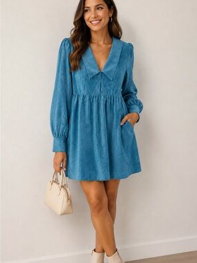 Darling Teal‎ V-Neck Long Sleeve Mini Dress Gathered Waist Side Pockets, Size M